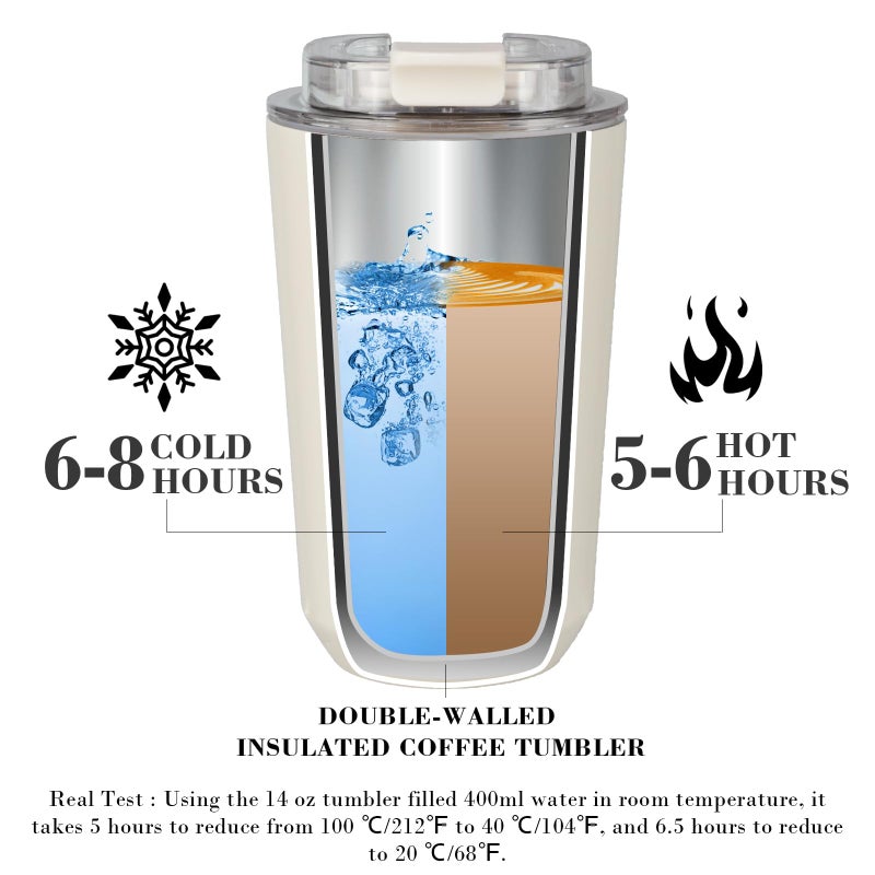 Puraville Insulated Tumblers with Lid, 14 oz Travel Coffee Mug Stainless Steel Vacuum Cup, Leak Proof Reusable Double Walled Coffee Tumbler for Iced and Hot Drinks, Cream - Image 3