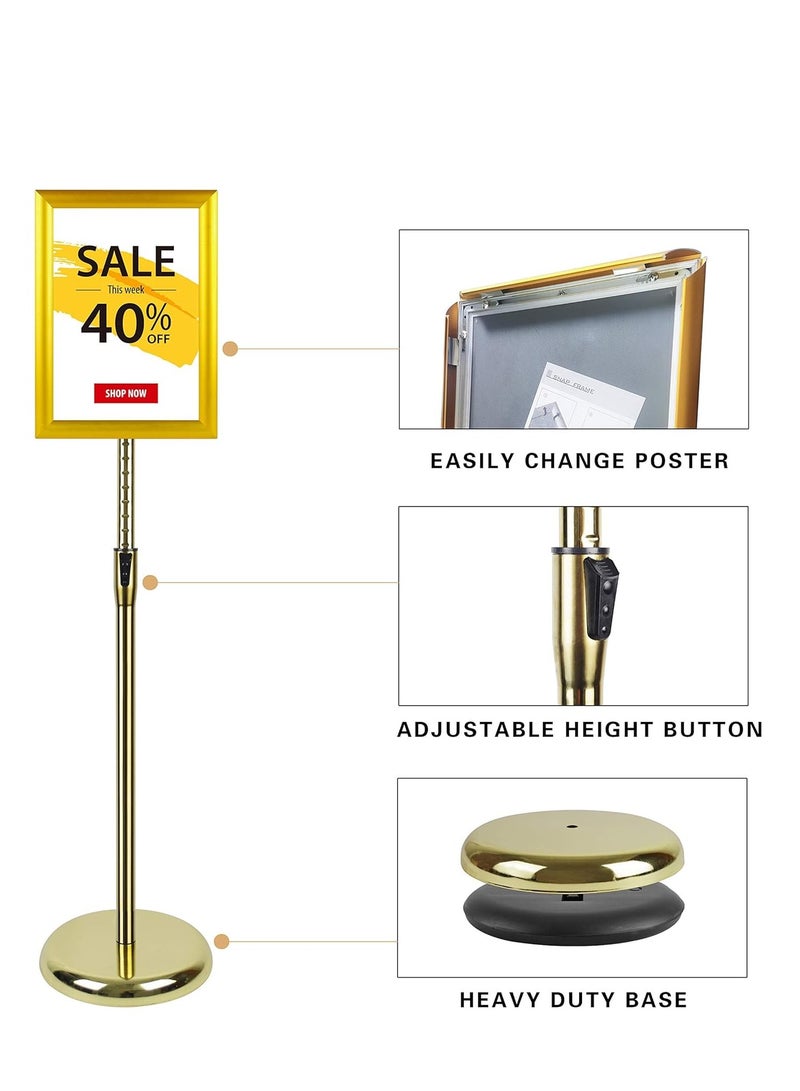 Adjustable A3 Aluminum Snap Frame Sign Stand with Safety Corners  Stable Round Base for Floor Display (Gold) - Image 5