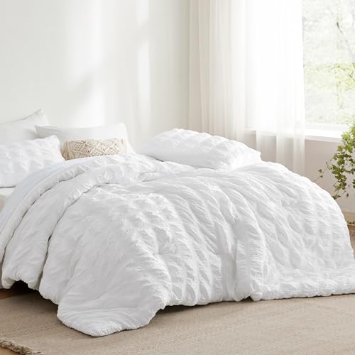 Bedsure Bed in a Bag King  7 Pieces Plaid Seersucker Bedding Comforter Sets Soft Lightweight White Boho Bed Set with Comforters King Size Sheets Pillowcases  Shams