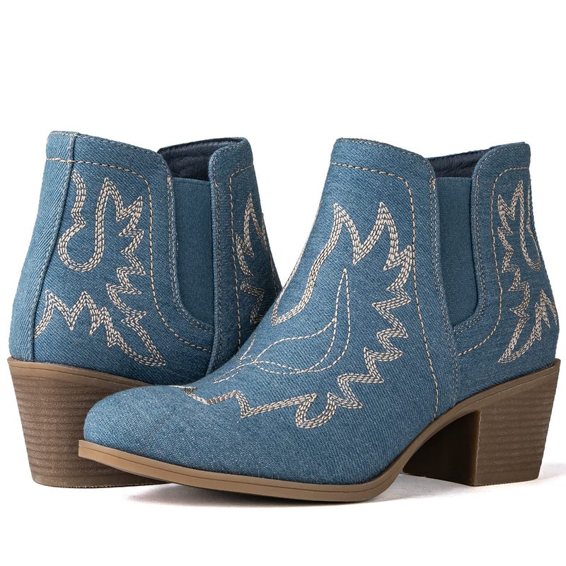 GLOBALWIN Women's Blue Denim Cowboy Boots Short Pull On Comfy Ankle Western Cowgirl Boots For Women Low Heel Size 8M - Image 2