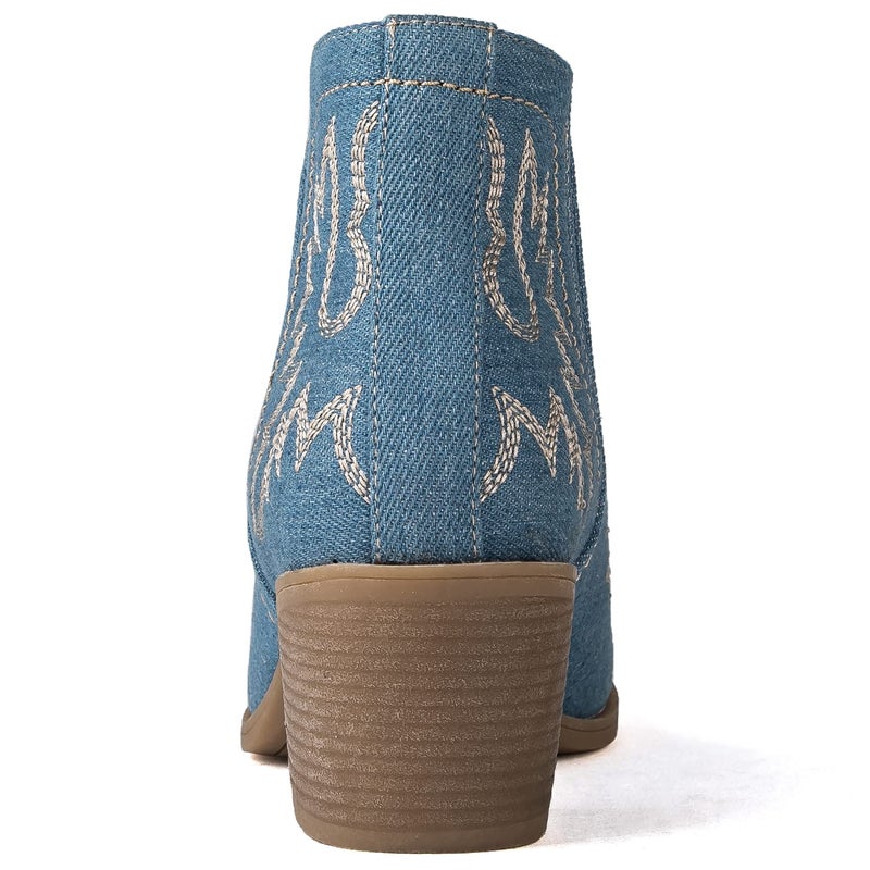 GLOBALWIN Women's Blue Denim Cowboy Boots Short Pull On Comfy Ankle Western Cowgirl Boots For Women Low Heel Size 8M - Image 5