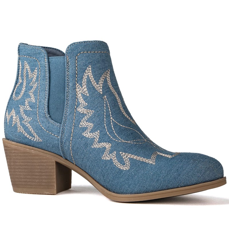 GLOBALWIN Women's Blue Denim Cowboy Boots Short Pull On Comfy Ankle Western Cowgirl Boots For Women Low Heel Size 8M - Image 3