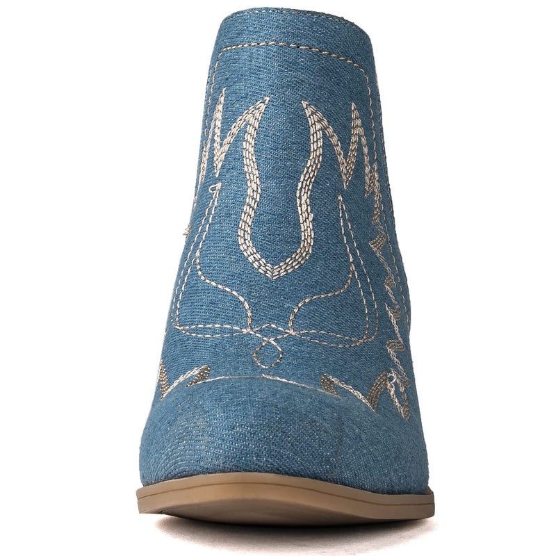 GLOBALWIN Women's Blue Denim Cowboy Boots Short Pull On Comfy Ankle Western Cowgirl Boots For Women Low Heel Size 8M - Image 4