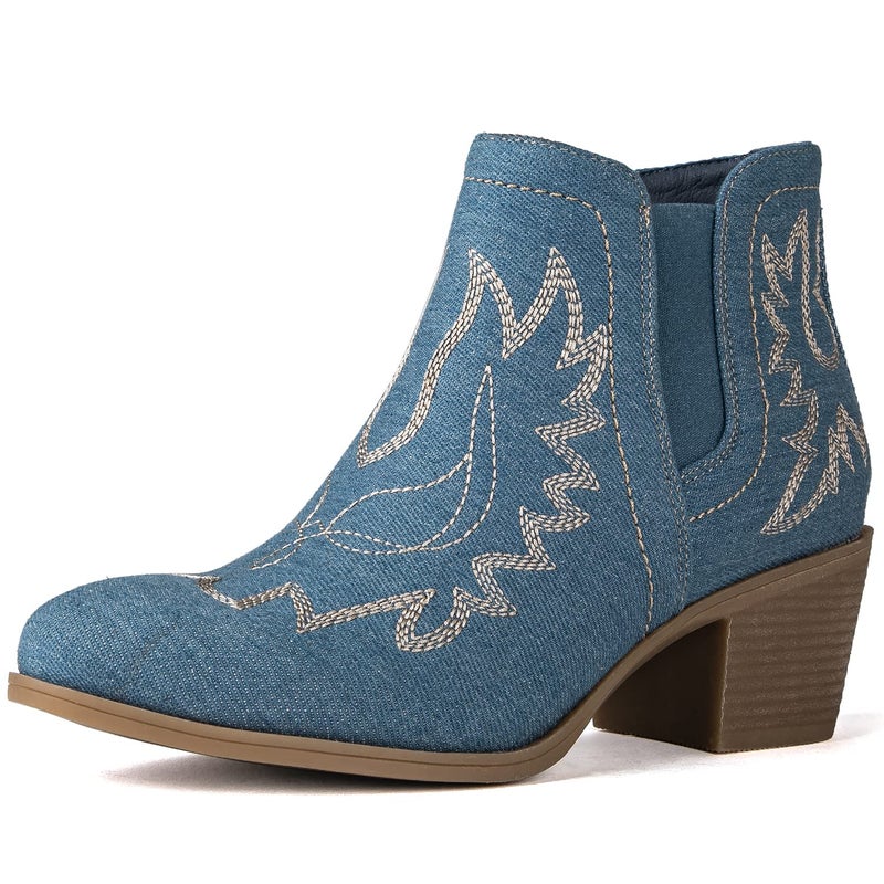 GLOBALWIN Women's Blue Denim Cowboy Boots Short Pull On Comfy Ankle Western Cowgirl Boots For Women Low Heel Size 8M - Image 1