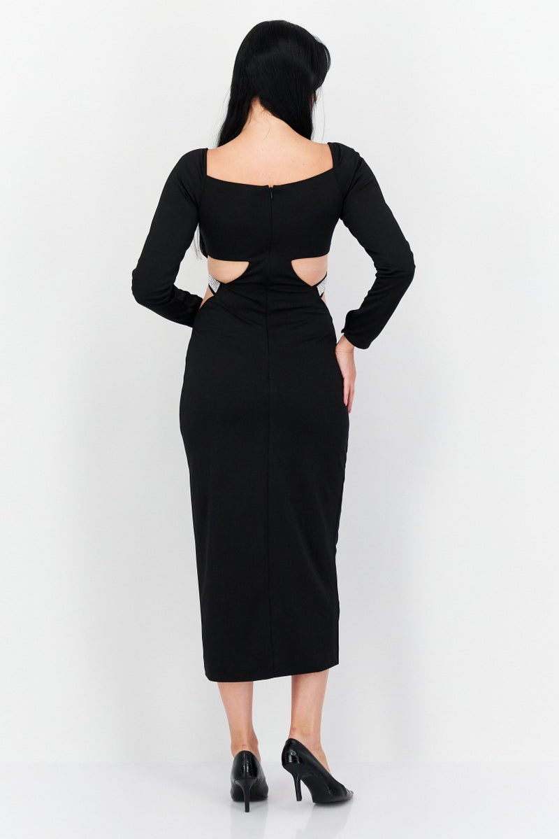 Yaura Women Rhinestone Detail Midi Dress, Black - Image 3