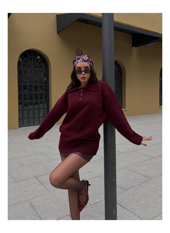 mina aise Women's Burgundy Polo Collar Sweater Tunic Boy 7036.