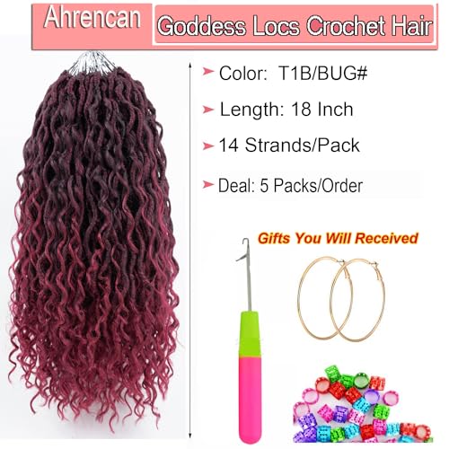 Ahrencan Ombre Burgundy Goddess Locs Crochet Hair,18 Inch New Boho Faux Locs Crochet Hair For Black Women,Soft Pre Looped Boho River Locs Crochet Braids With Curly Ends,Itch Free(5 Packs,18”,T1B/Burgundy#) - Image 3