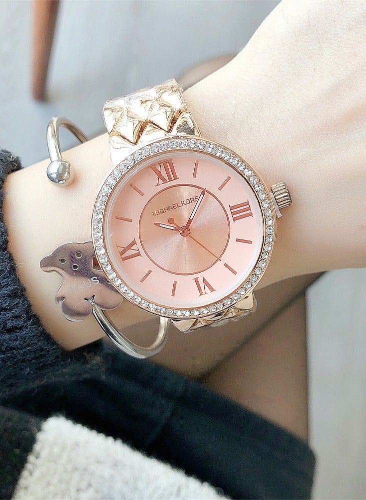 MK Michael Kors MK Women's Watch Rose Gold Tone Strap with Rhombic Textured Design and  Pink Dial Adorned with Sparkling Crystals - Image 2