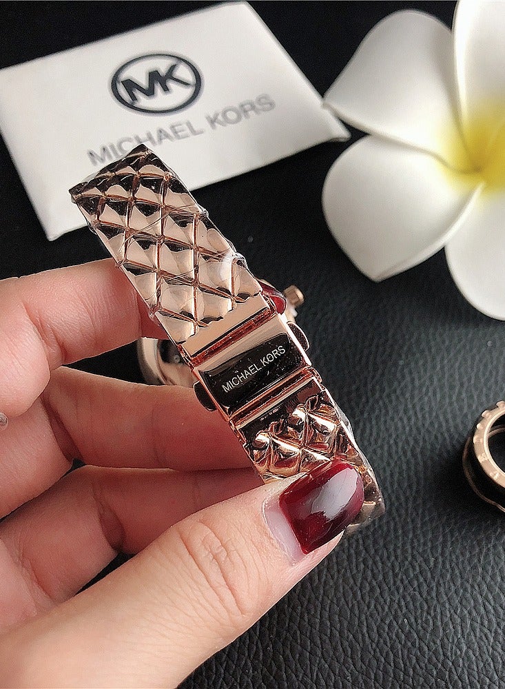 MK Michael Kors MK Women's Watch Rose Gold Tone Strap with Rhombic Textured Design and  Pink Dial Adorned with Sparkling Crystals - Image 4