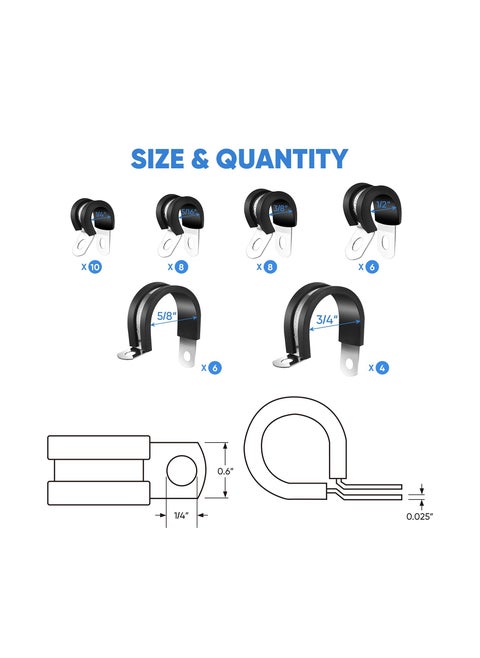 42PCS Cable Clamps Set, Rubber Cushioned304 Stainless Steel Rubber Cushioned Insulated Clamp, Loop Clamps, Pipe Clamps, Wire Clamp in 6 Sizes (42PCS combo, 1/4'' 5/16'' 3/8'' 1/2'' 5/8'' 3/4'')