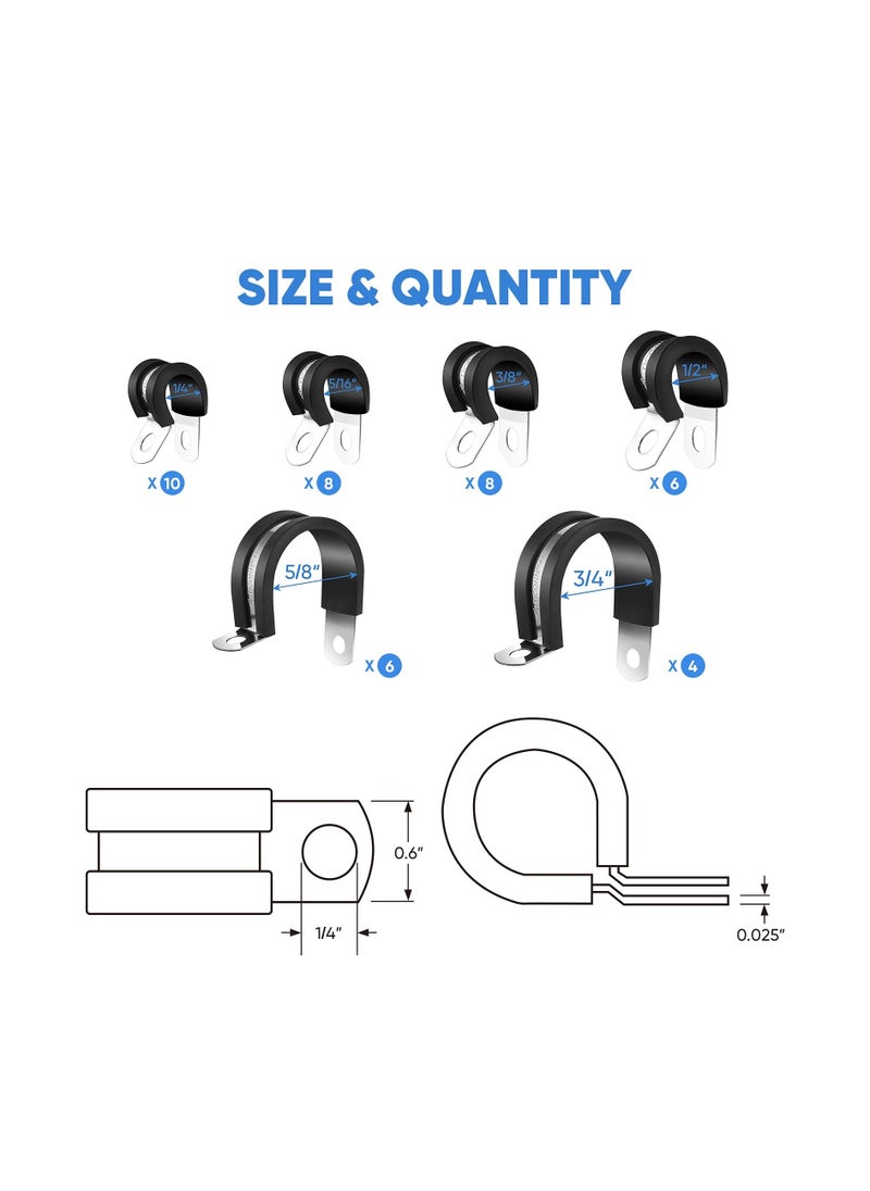 42PCS Cable Clamps Set, Rubber Cushioned304 Stainless Steel Rubber Cushioned Insulated Clamp, Loop Clamps, Pipe Clamps, Wire Clamp in 6 Sizes (42PCS combo, 1/4'' 5/16'' 3/8'' 1/2'' 5/8'' 3/4'')