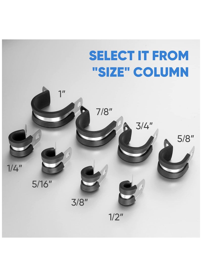 42PCS Cable Clamps Set, Rubber Cushioned304 Stainless Steel Rubber Cushioned Insulated Clamp, Loop Clamps, Pipe Clamps, Wire Clamp in 6 Sizes (42PCS combo, 1/4'' 5/16'' 3/8'' 1/2'' 5/8'' 3/4'')