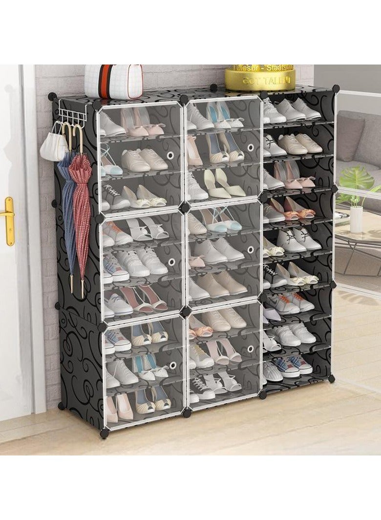 Hihonor 3 Columns 9 Tiers Black Shoe Rack, Shoe Storage Cabinet, Freestanding Shoe Rack, Boot Organiser, Shoe Rack for Slippers, High Heels, Sneakers Multiple Shoe Types - Image 1