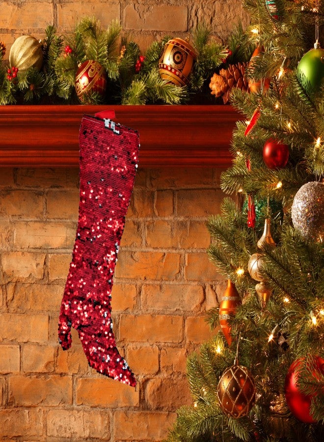 Needzo Red and Silver Reversable Sequins High Heel Boot Christmas Stocking for Women, Holiday Decor for Home, 15 Inch - Image 3
