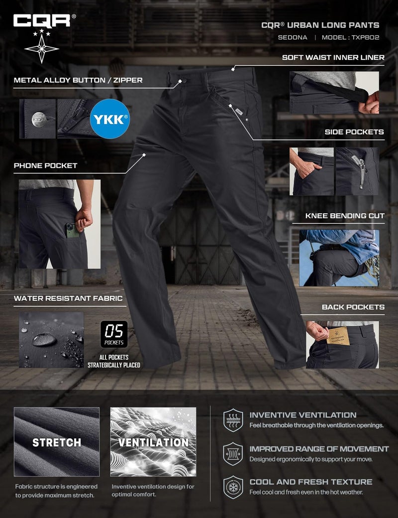 CQR Men's Vent Stretch Pants, Quick Dry Lightweight Casual Cargo Pants, Water Resistant Straight-Fit Utility Work Pants, Sedona Urban Pants Carbon Black, 34W x 34L - Image 4