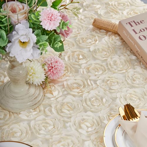 QueenDream 90 inch Round Tablecloth Ivory Rosette Tablecloth Bridal Shower Table Cloth for Sweetheart Table Wedding Birthday Party - Image 4