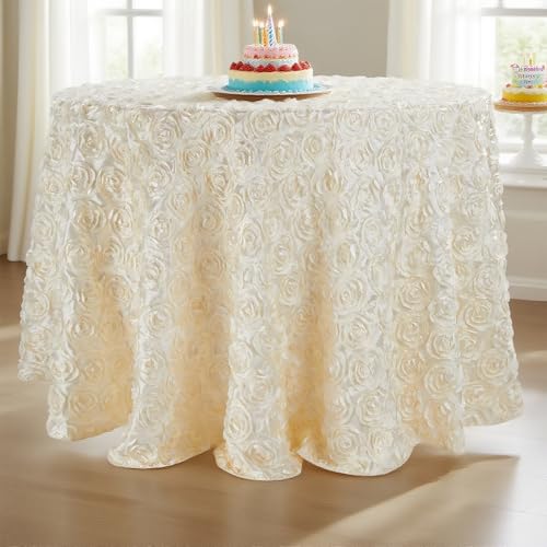 QueenDream 90 inch Round Tablecloth Ivory Rosette Tablecloth Bridal Shower Table Cloth for Sweetheart Table Wedding Birthday Party - Image 1