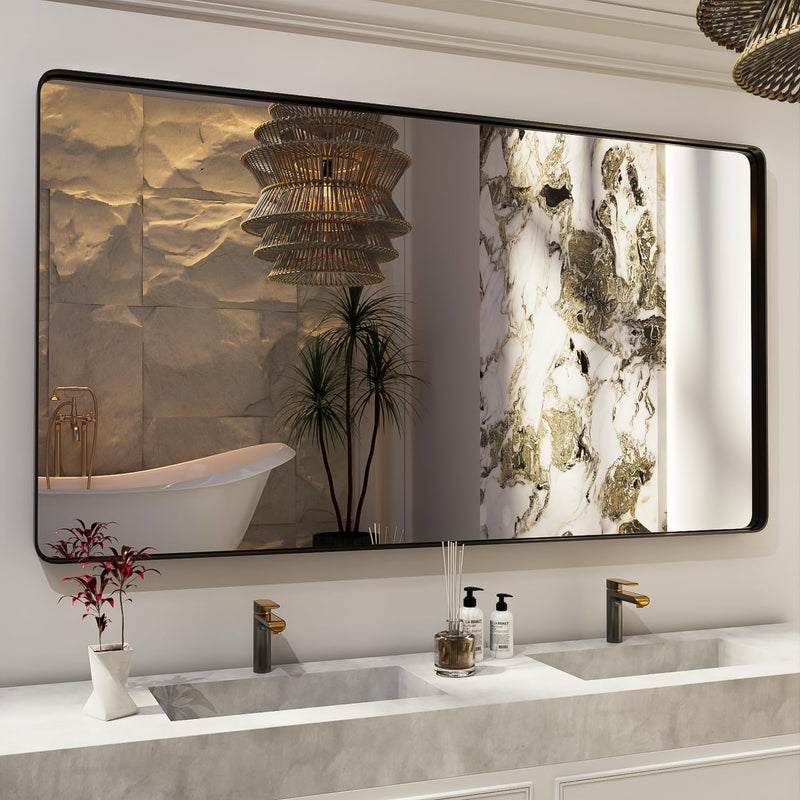 ISKM Large Black Framed Mirror for Bathroom 72 x 36 Wall Mounted Mirror Black Metal Framed Bathroom Mirror for Wall Round Corner HorizontalVertical
