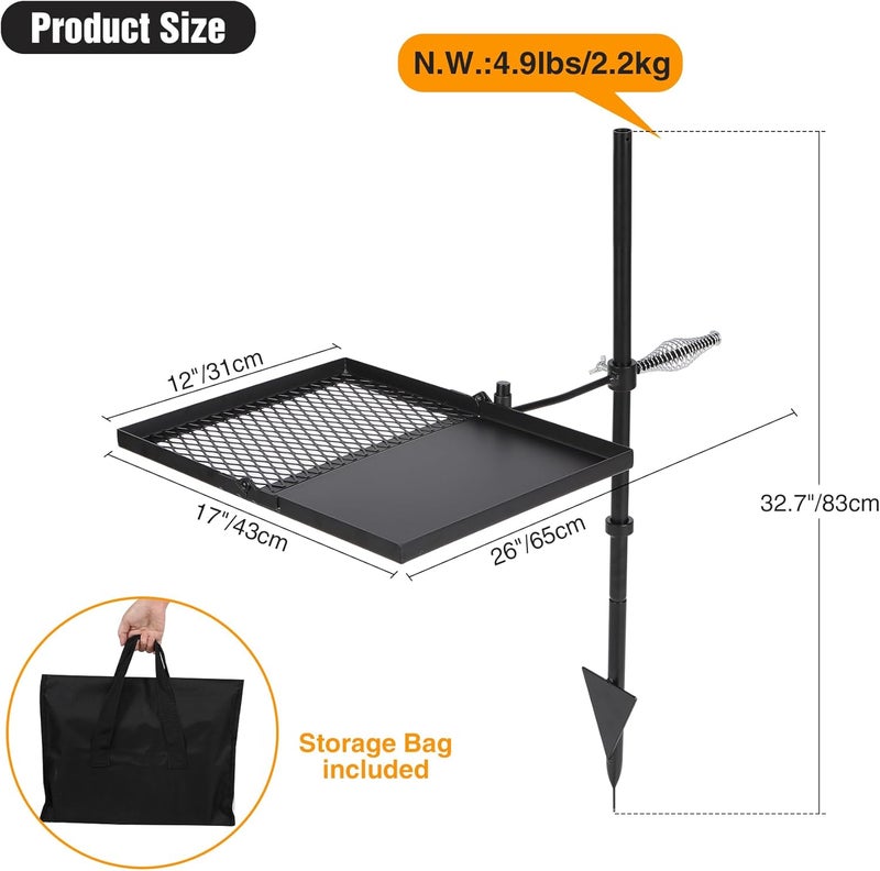 Lineslife Swivel Campfire Grill Grate and Griddle, Adjustable Fire Pit Grill Grate Over Fire Pit, Camp Fire Cooking Grate with Carrying Bag for Outdoor Camping BBQ, Rectangle Black - Image 2