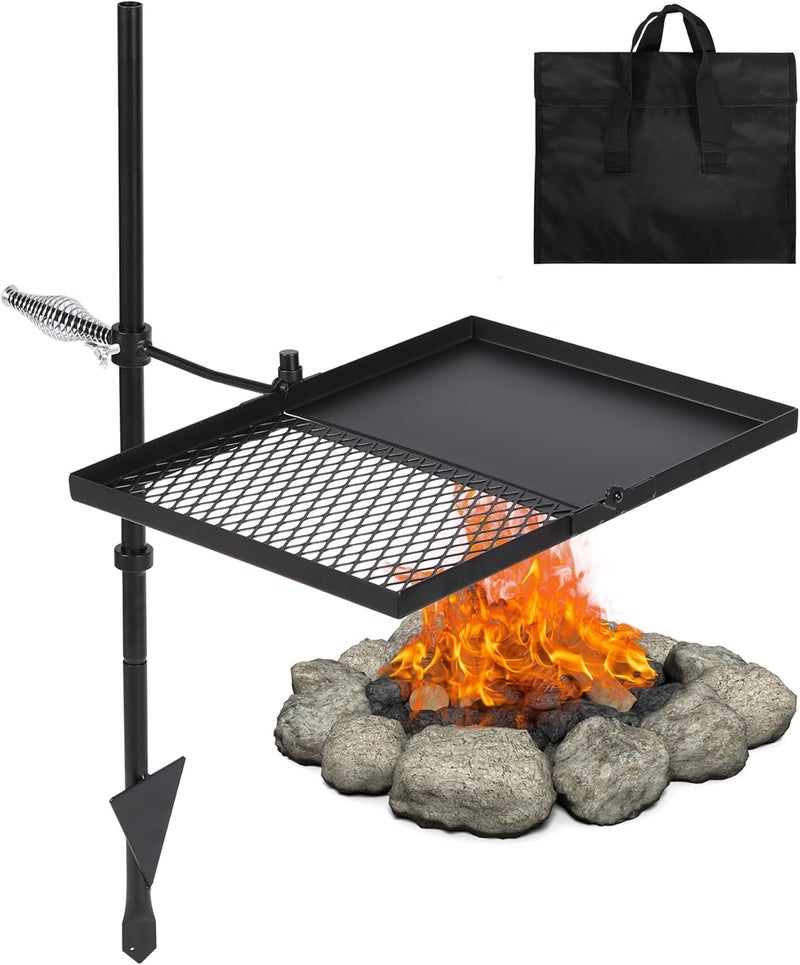 Lineslife Swivel Campfire Grill Grate and Griddle, Adjustable Fire Pit Grill Grate Over Fire Pit, Camp Fire Cooking Grate with Carrying Bag for Outdoor Camping BBQ, Rectangle Black - Image 1