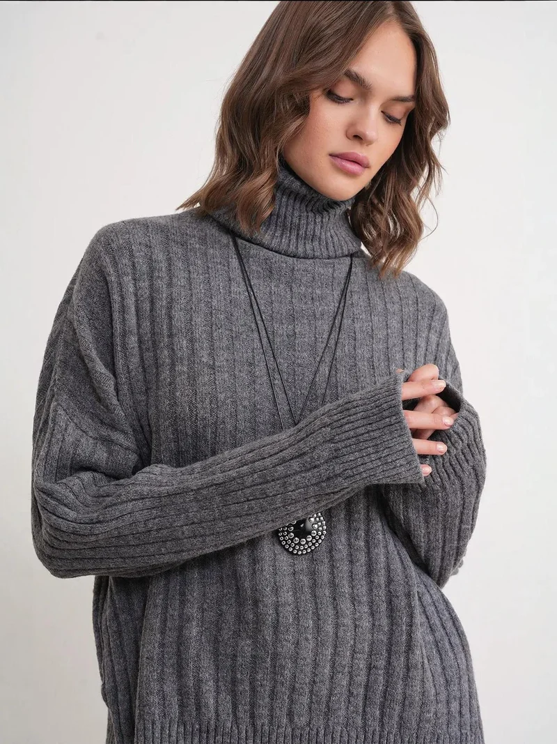 Mixray Dark Grey Mixray Oversize Ribbed Turtleneck Sweater for Women | Best Price UAE