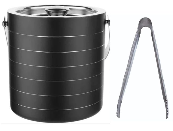 GLEDAM GLEDAM Premium DoubleWalled 15L Insulated Stainless Steel Ice Bucket with Tong for Cocktail Bar Black with Silver Lining Premium Ice Bucket for Home and Party Ice Buckets with Lid1 Pcs Each  - Image 1
