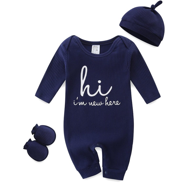 Bibimom Preemie Clothes 0-3 Months Boy Girl Monogrammed Ribbed Summer Fall Jumpsuit Blue - Image 1