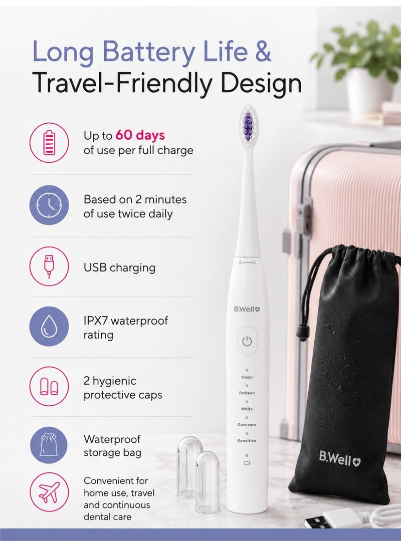 B.Well PRO-850 White Electric Sonic Toothbrush with 2 Brush Heads, USB Cable & Travel Bag - Image 5