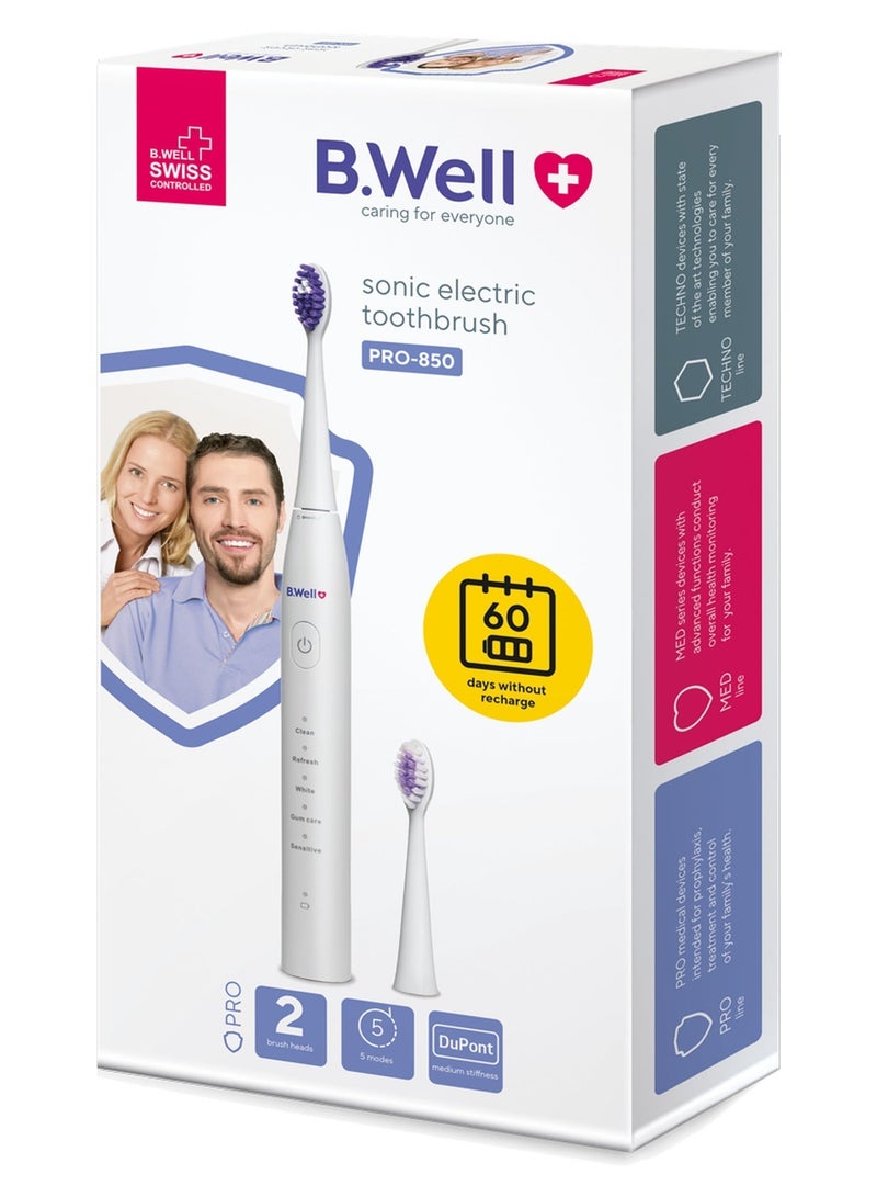 B.Well PRO-850 White Electric Sonic Toothbrush with 2 Brush Heads, USB Cable & Travel Bag - Image 2