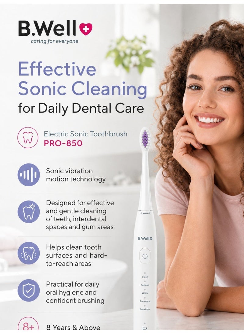 B.Well PRO-850 White Electric Sonic Toothbrush with 2 Brush Heads, USB Cable & Travel Bag - Image 3