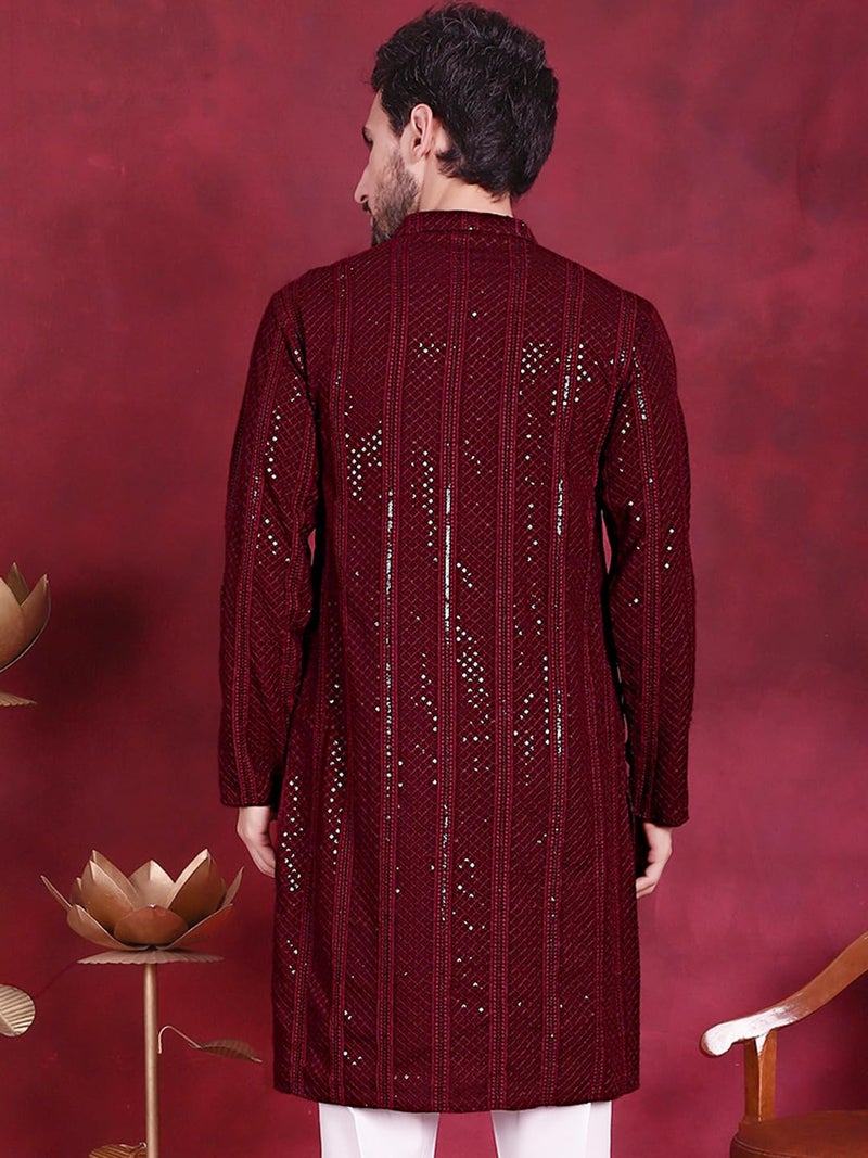 Jompers Men's Sequins Chikankari Embroidered Kurtas (Maroon, L) - Image 2