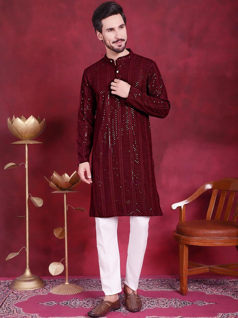 Jompers Men's Sequins Chikankari Embroidered Kurtas (Maroon, L) - Image 4