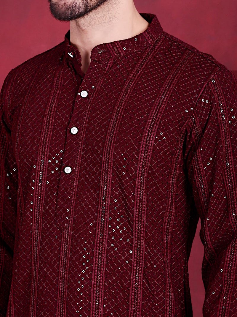 Jompers Men's Sequins Chikankari Embroidered Kurtas (Maroon, L) - Image 5