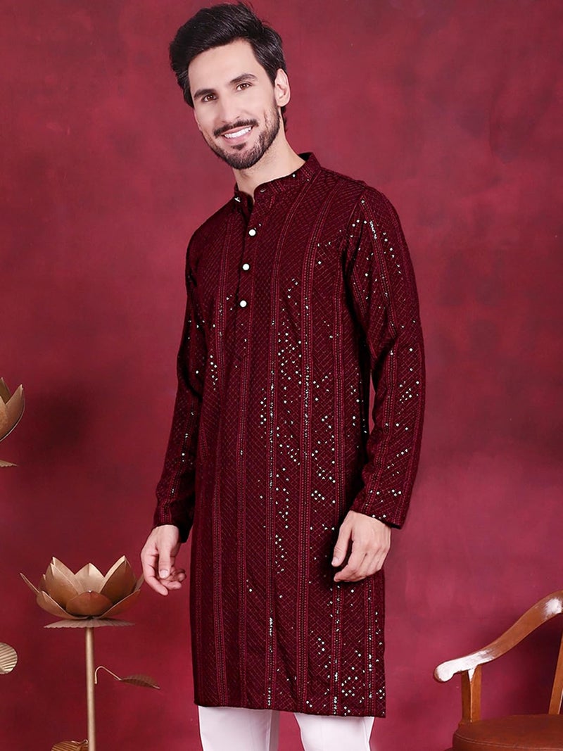 Jompers Men's Sequins Chikankari Embroidered Kurtas (Maroon, L) - Image 3