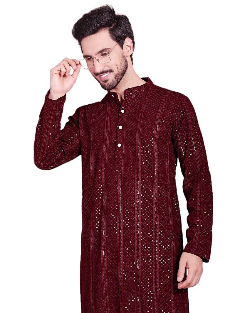 Jompers Men's Sequins Chikankari Embroidered Kurtas (Maroon, L) - Image 1