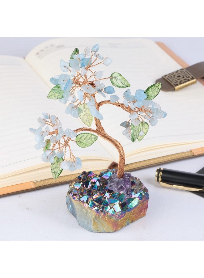 SUNYIK Natural Crystal Tree with Rainbow Titanium Coated Quartz Cluster Base Handmade Healing Crystal Money Bonsai Tree Home Office Decor, Aquamarine - Image 3