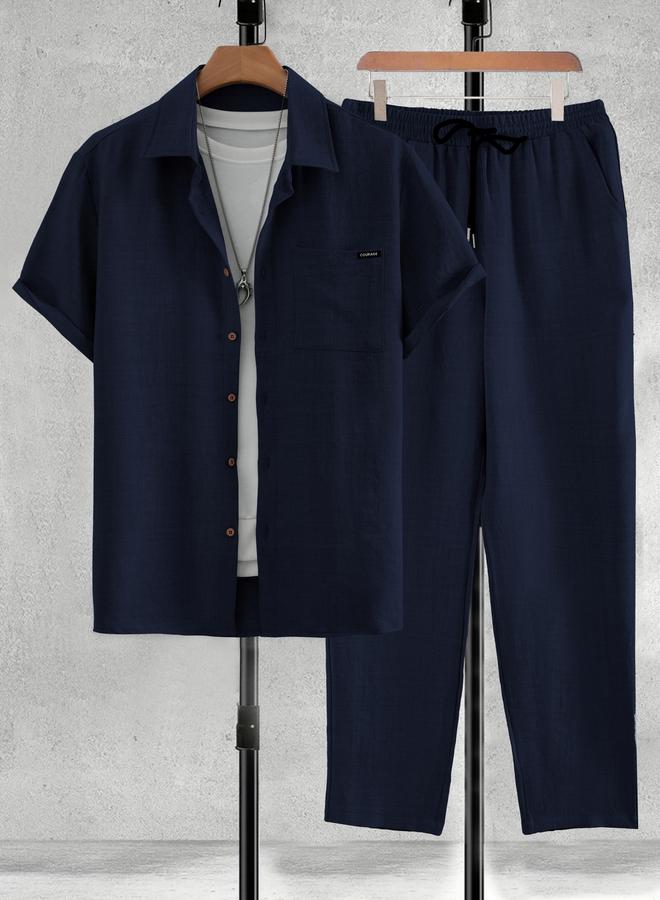 Take Two Men Navy Solid Shirt and Pants Co-ords - Image 1