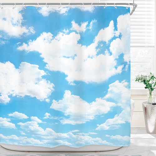Riyidecor Blue Sky White Cloud Shower Curtain Natural Landscape Scenery Waterproof Fabric 72x72 Inch Polyester Bathroom Bathtub Decoration 12 Pack Plastic Hooks