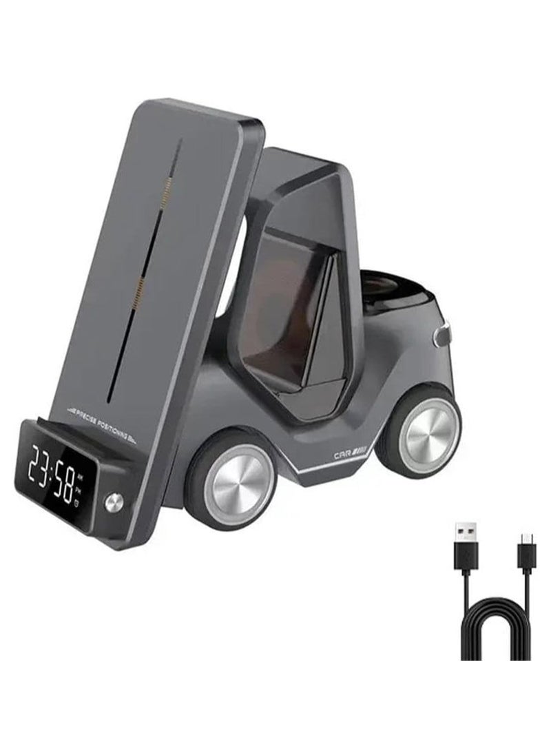 TIGER Wireless Charger Forklift 5-in-1 Smart Desktop Station | 15W Phone Charging, 2.5W Smartwatch, 5W Earpod Charger | Type-C Input, Digital Clock, and Night Light | All-in-One Wireless Charging Solution for Phone, Watch, and Earbuds | Convenient and Space-Saving Design  - Image 1