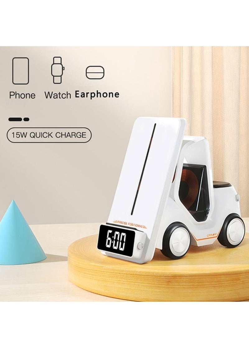 TIGER Wireless Charger Forklift 5-in-1 Smart Desktop Station | 15W Phone Charging, 2.5W Smartwatch, 5W Earpod Charger | Type-C Input, Digital Clock, and Night Light | All-in-One Wireless Charging Solution for Phone, Watch, and Earbuds | Convenient and Space-Saving Design  - Image 3