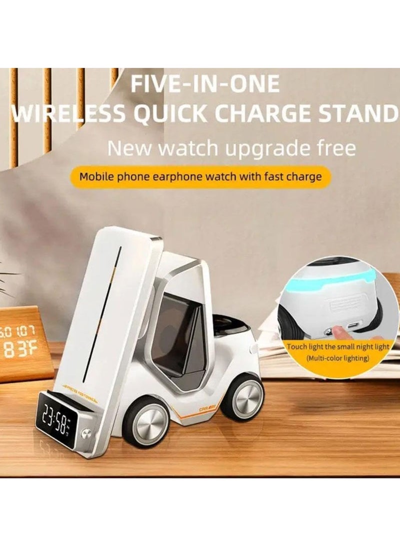 TIGER Wireless Charger Forklift 5-in-1 Smart Desktop Station | 15W Phone Charging, 2.5W Smartwatch, 5W Earpod Charger | Type-C Input, Digital Clock, and Night Light | All-in-One Wireless Charging Solution for Phone, Watch, and Earbuds | Convenient and Space-Saving Design  - Image 2