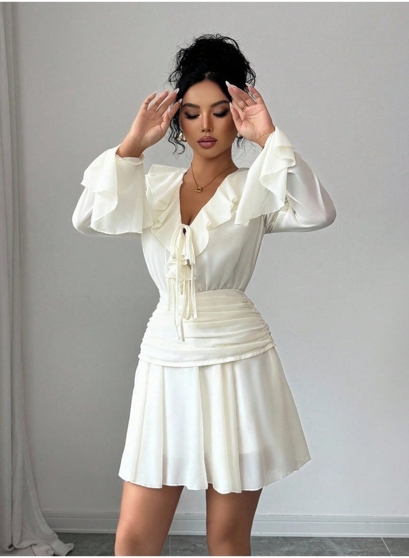 شي إن فستان سهرة أنيق من SHEIN للنساء، بياقة على شكل حرف V وأكمام طويلة وربطة خصر مكشكشة وسحاب جانبي، مناسب لفصول الربيع والصيف والخريف والشتاء. - Image 4