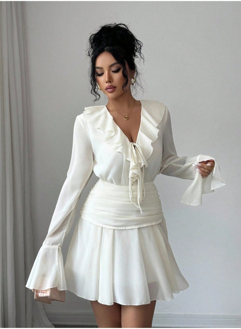 شي إن فستان سهرة أنيق من SHEIN للنساء، بياقة على شكل حرف V وأكمام طويلة وربطة خصر مكشكشة وسحاب جانبي، مناسب لفصول الربيع والصيف والخريف والشتاء. - Image 3