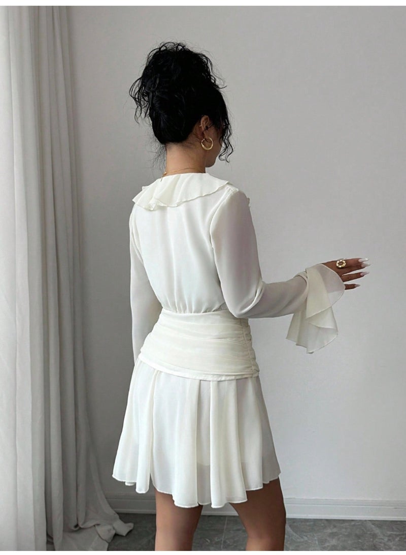 شي إن فستان سهرة أنيق من SHEIN للنساء، بياقة على شكل حرف V وأكمام طويلة وربطة خصر مكشكشة وسحاب جانبي، مناسب لفصول الربيع والصيف والخريف والشتاء. - Image 2