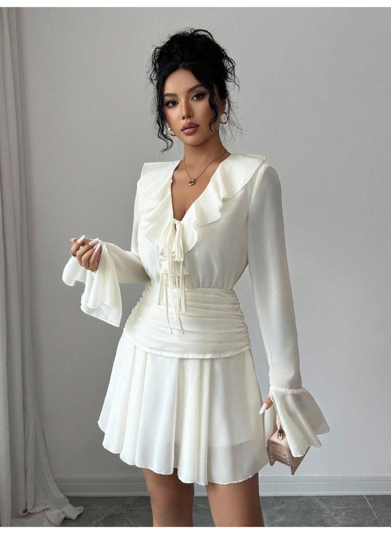 شي إن فستان سهرة أنيق من SHEIN للنساء، بياقة على شكل حرف V وأكمام طويلة وربطة خصر مكشكشة وسحاب جانبي، مناسب لفصول الربيع والصيف والخريف والشتاء. - Image 5