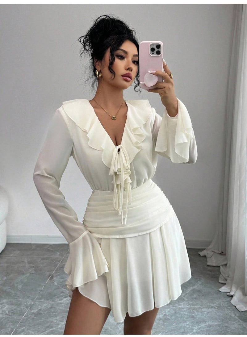 شي إن فستان سهرة أنيق من SHEIN للنساء، بياقة على شكل حرف V وأكمام طويلة وربطة خصر مكشكشة وسحاب جانبي، مناسب لفصول الربيع والصيف والخريف والشتاء. - Image 1