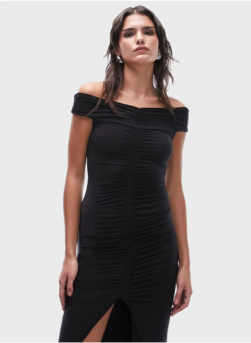 TOPSHOP Bardot Ruched Front Slit Dress