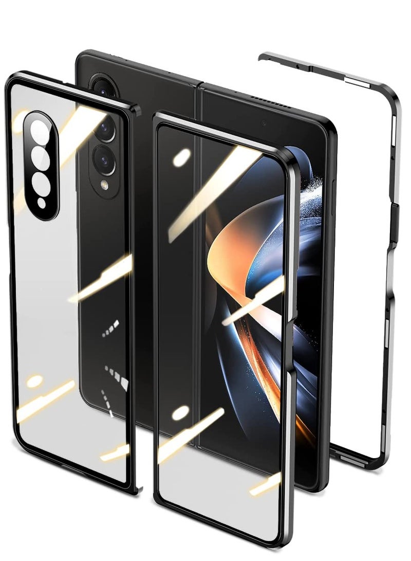 Barakah Case Compatible with Samsung Galaxy Z Fold 4, Magnetic Thin Body Metal Frame Double Sided Clear Tempered Glass Shockproof with Lens Camera Protector Cover (Black) - Image 1