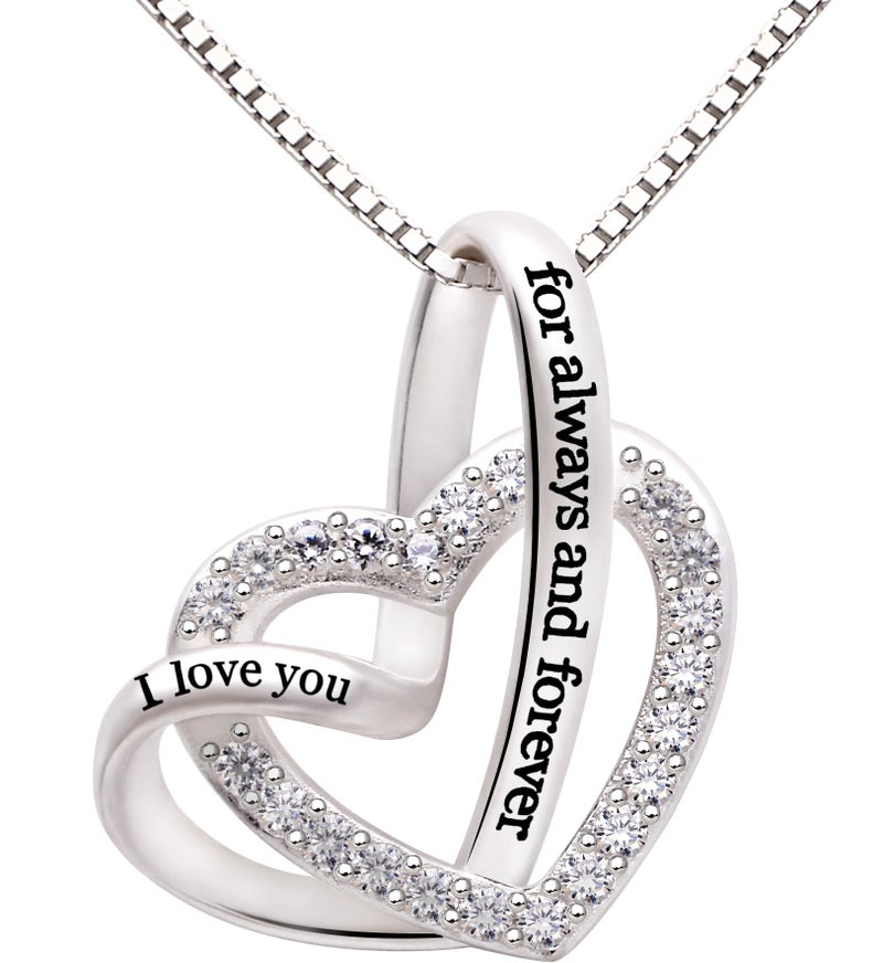 ALOV Jewelry Sterling Silver "I love you for always and forever" Love Heart Cubic Zirconia Necklace - Image 1