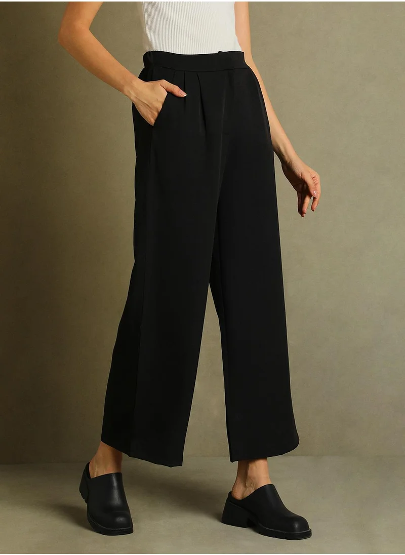 دينيس لينغو Women's Black 100% Polyester Solid Full Length Pleat Front Relaxed Fit Trouser